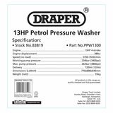 Draper 13HP 389cc Petrol Pressure Washer Draper 13HP 389cc Petrol Pressure Washer