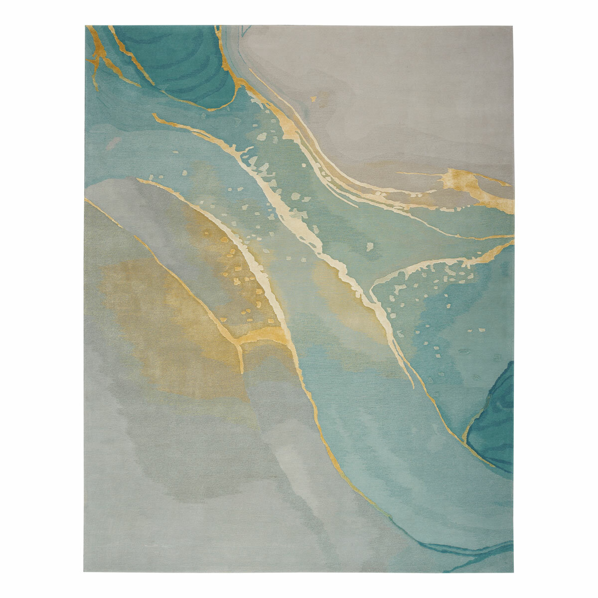 Rug featuring a marbled abstract pattern in teal, turquoise, beige and gold, with flowing shapes and fine gold lines.