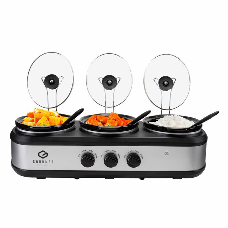 Front Profile of SensioHome Triple Slow cooker with food and serving spoon