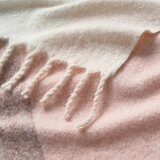 Close up of Pink Faux Mohair Throw, showcasing fringed border and soft texture