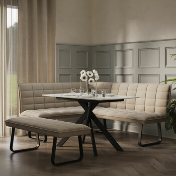 Indus Valley Reva Ceramic Dining Table + Beige Corner Bench & Low Bench