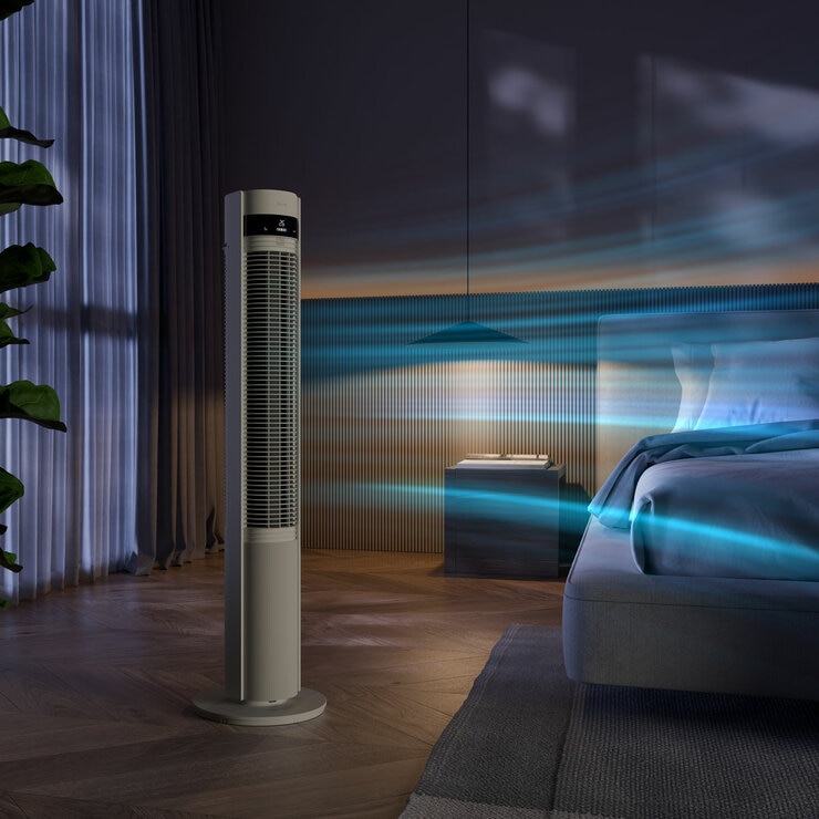 Lifestyle image of Duux Elevate Tower Fan in a bedroom Lifestyle image of Duux Elevate Tower Fan in a bedroom