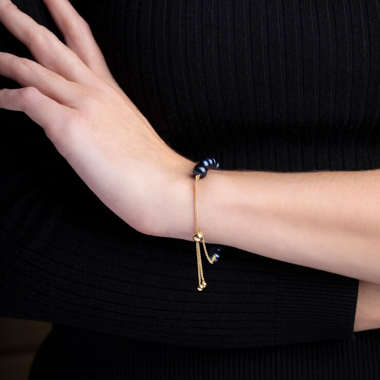 7.5-8mm Cultured Freshwater Black Pearl Bolo Bracelet, 18ct Yellow Gold 7.5-8mm Cultured Freshwater Black Pearl Bolo Bracelet, 18ct Yellow Gold
