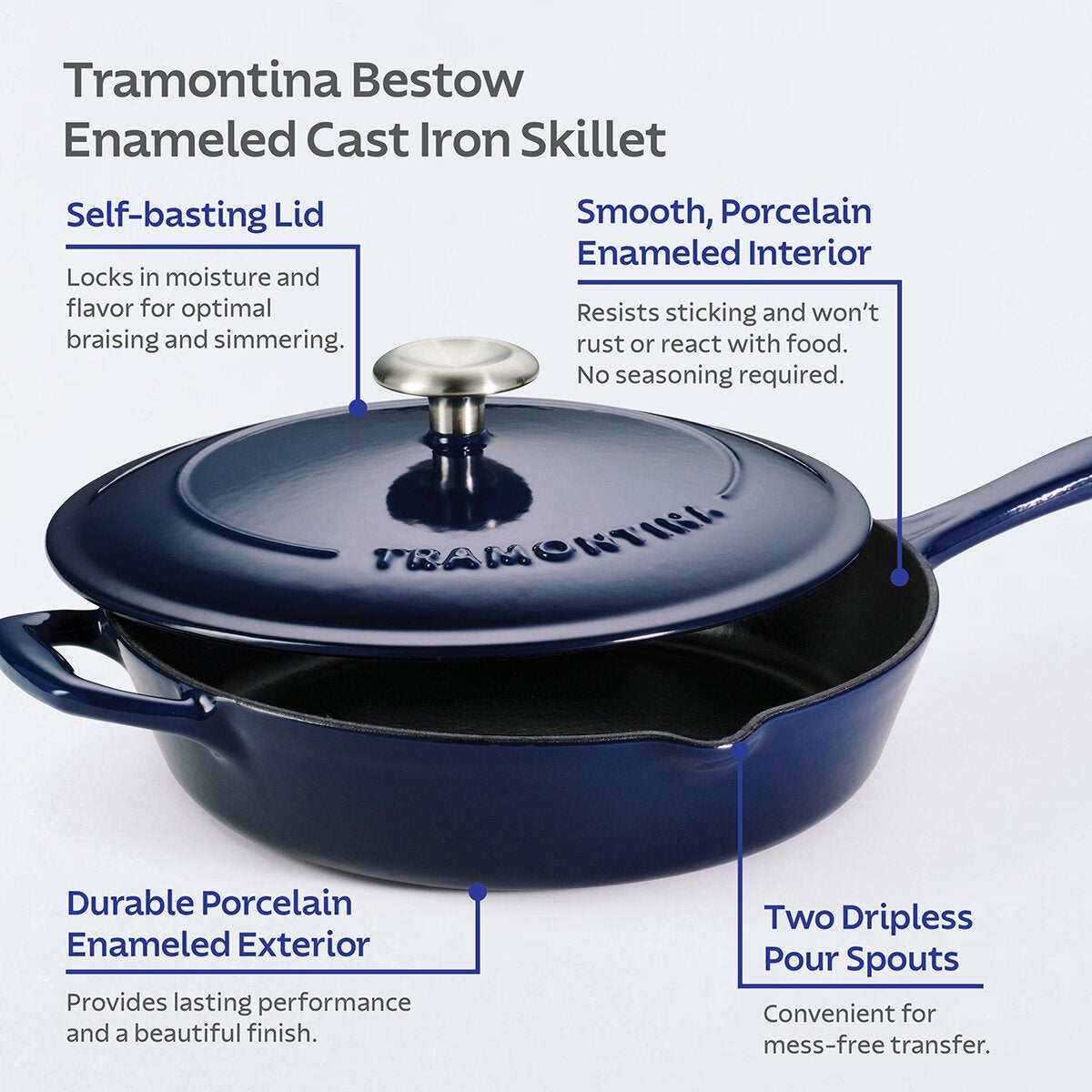 Tramontina Enamel Cast Iron Saute Pan with Lid, 30cm / 3.25L in Blue Tramontina Enamel Cast Iron Saute Pan with Lid, 30cm / 3.25L in Blue