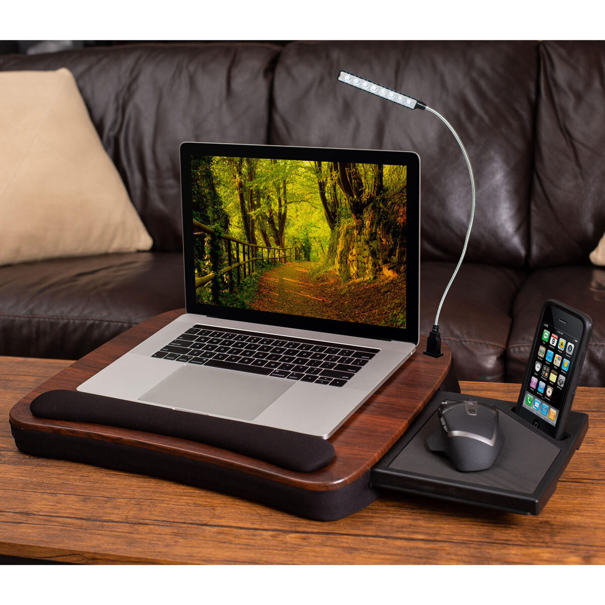 Birdrock Multi-Tasking Lap Desk with Mouse Deck and Light in Brown