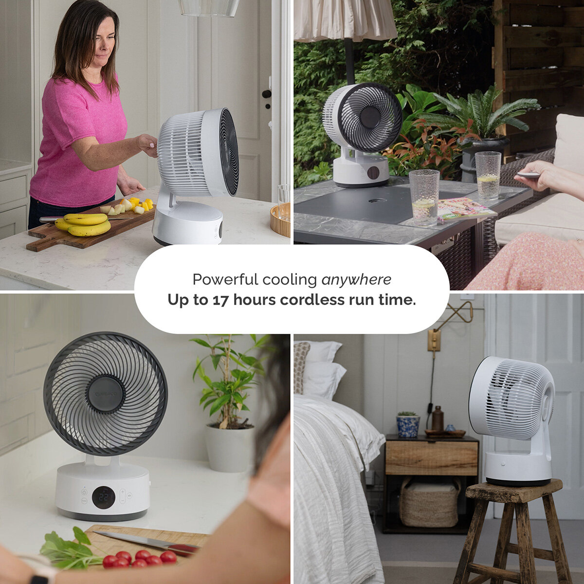 Lifestyle image of fan with up to 17 hours of cordless run time Lifestyle image of fan with up to 17 hours of cordless run time