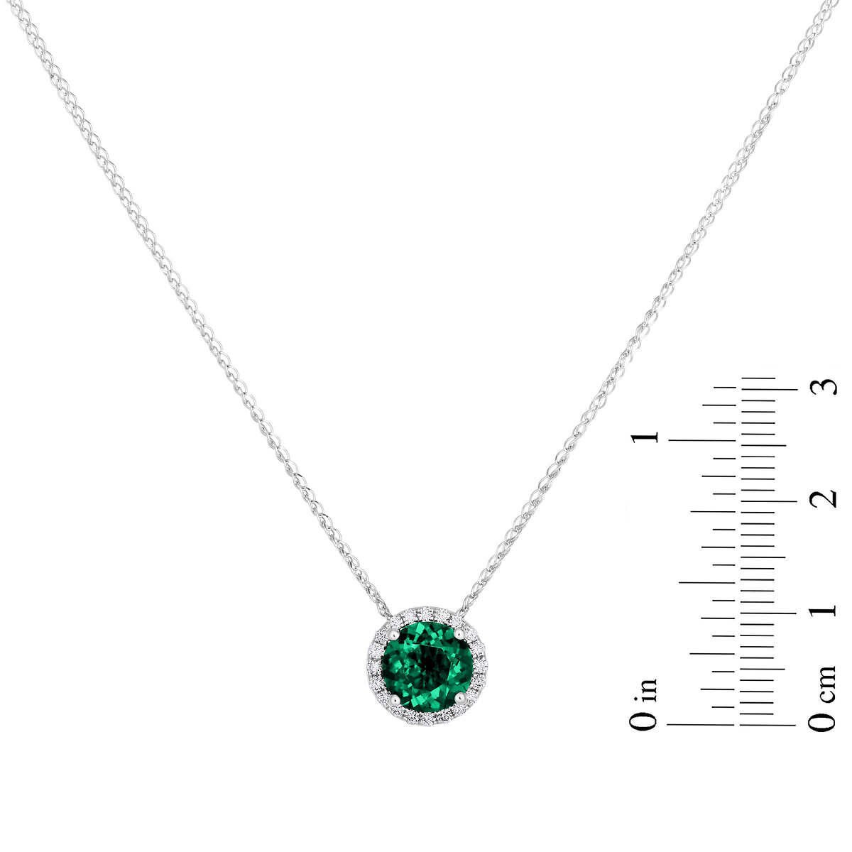 Round Cut Lab Emerald & 0.16ctw Diamond Necklace, 14ct White Gold