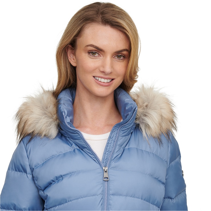 Andrew Marc Women's Short Down Jacket with Faux Fur Trim Hood in Dusk