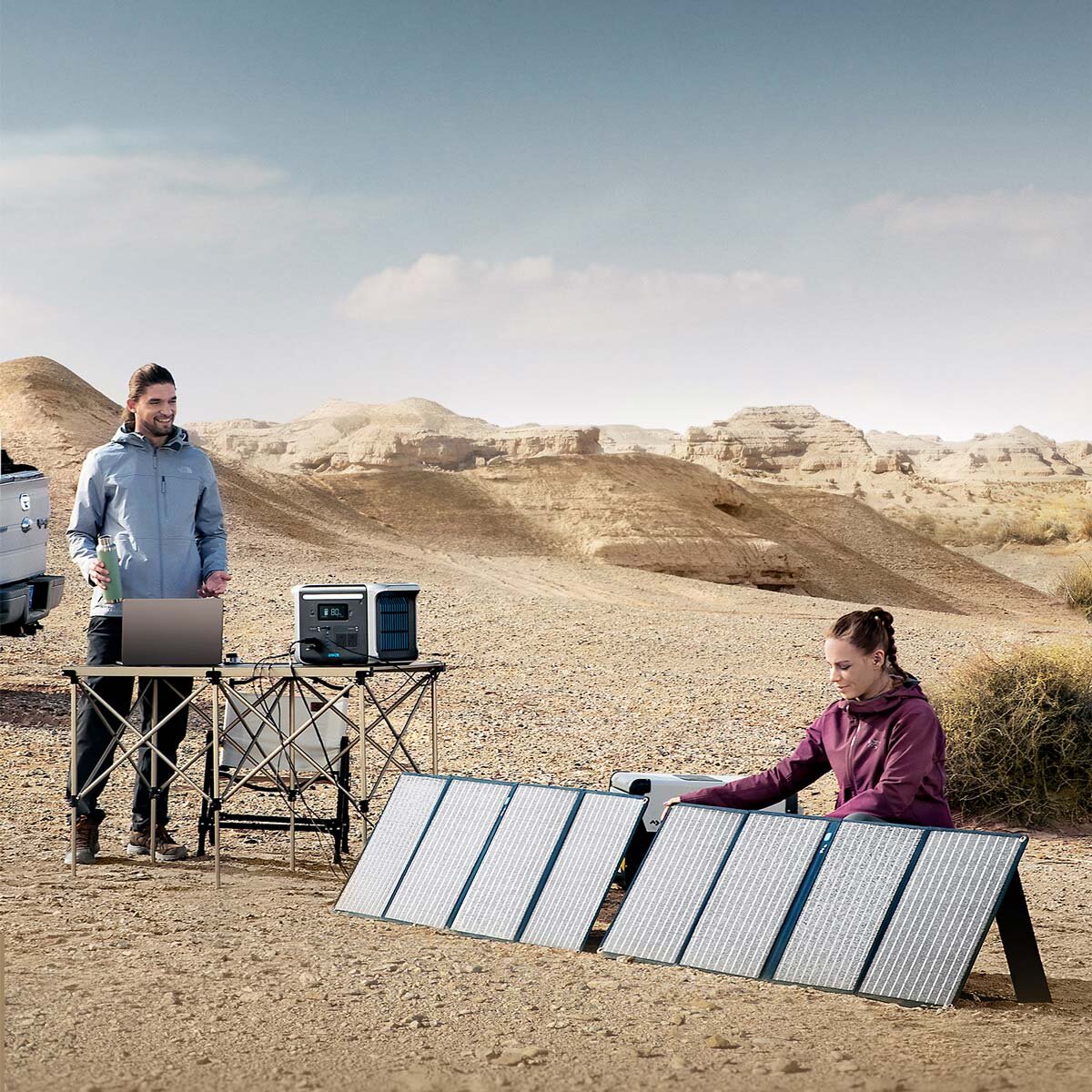 Lifestyle image of solar panels in use in desert