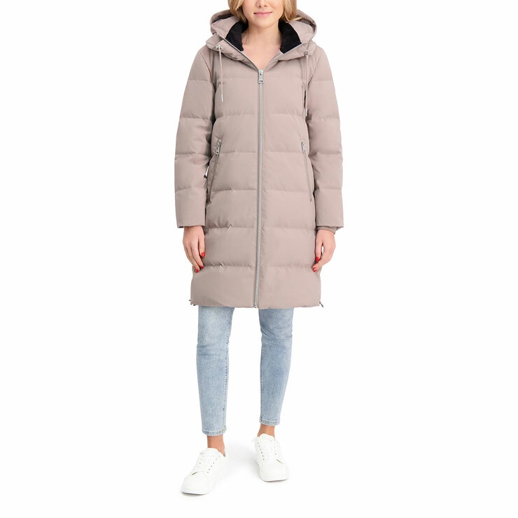 DKNY Ladies Long Down Coat with Hood in Taupe