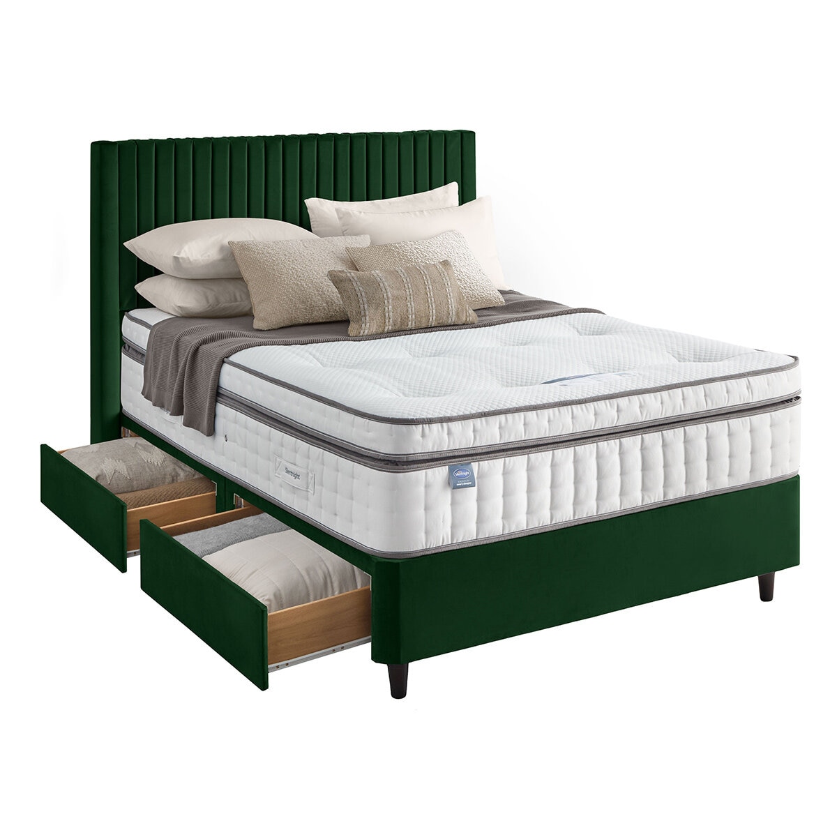 Silentnight Velvet 4 Drawer Divan Base with Slumber Headboard in Rainforest & 3 Sizes
