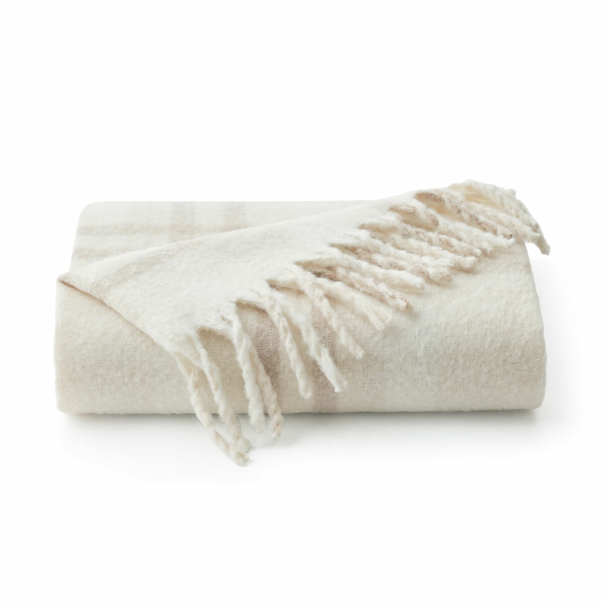 Folded beige Faux Mohair Throw, showcasing fringed border and soft texture