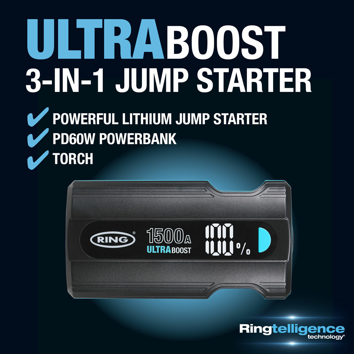 Ring Ultraboost 1500A Jumpstarter graphic demonstrating it's 3 in 1 functions