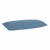 Quilted light blue body pillow with diamond stitching placed in front of two white pillows on a neatly Quilted light blue body pillow with diamond stitching placed in front of two white pillows on a neatly