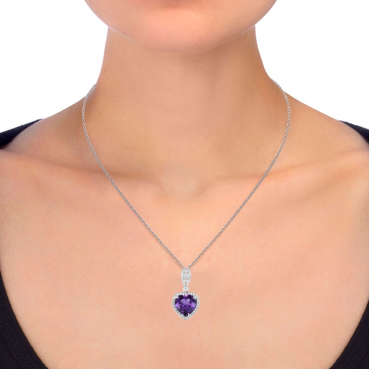 Amethyst & 0.19ctw Diamond Heart Pendant, 14ct White Gold Amethyst & 0.19ctw Diamond Heart Pendant, 14ct White Gold