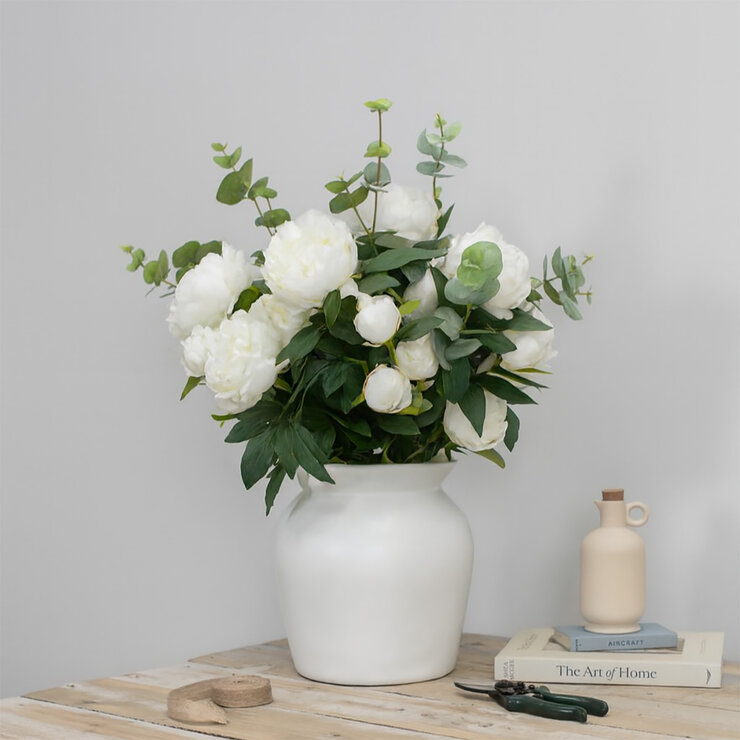 Artificial Peony & Eucalyptus Bouquet in Vase in White