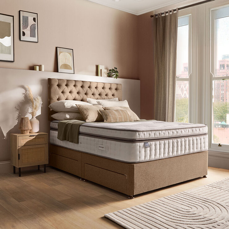 Silentnight 4 Drawer Divan Base with Eden Headboard in Wheat in 3 Sizes