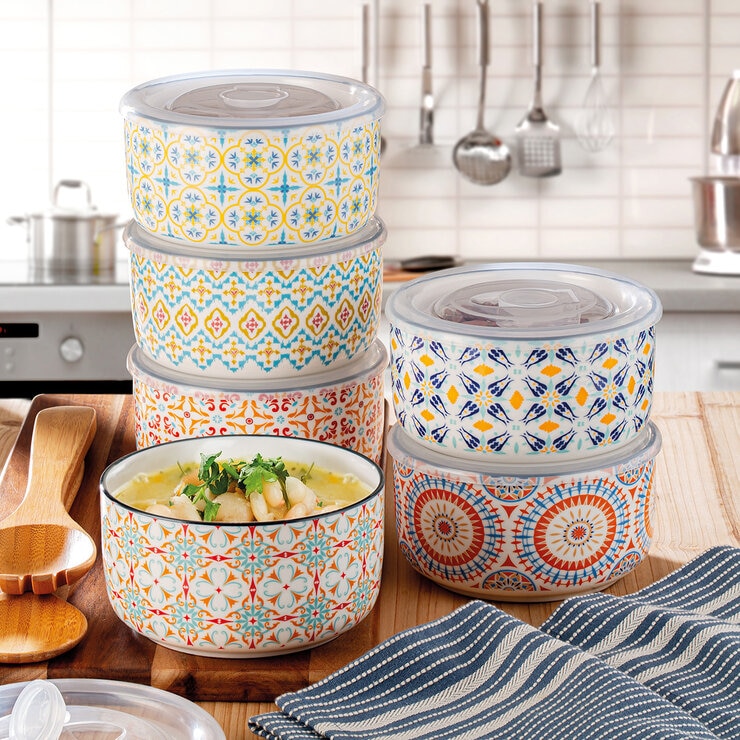 Signature Housewares Stoneware Bowls with Lids, 6 Piece Set