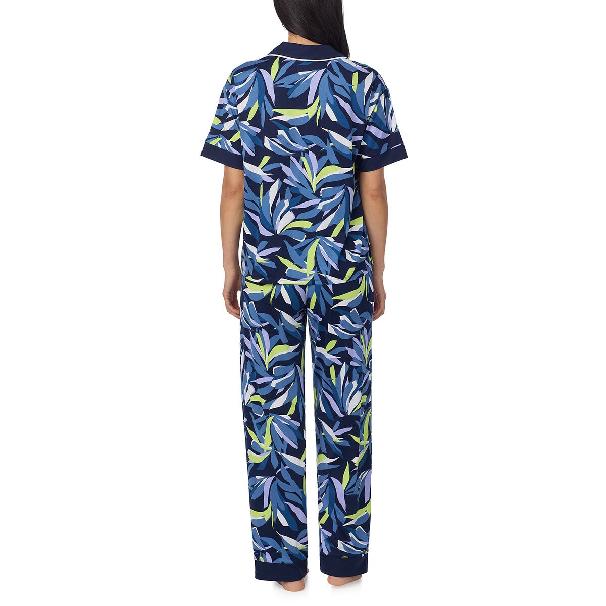 DKNY Ladies Notch Collar 3 Piece PJ Set in Blue/Yellow Leaves