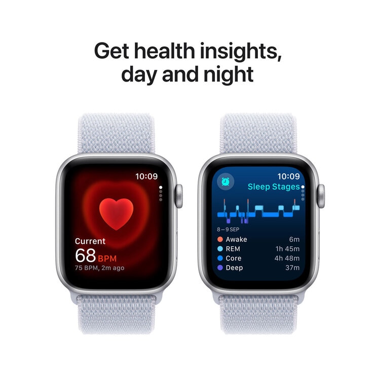 Apple Watch SE GPS, 44mm Silver Aluminium Case with Storm Blue Sport Band Loop, MXET3QA/A