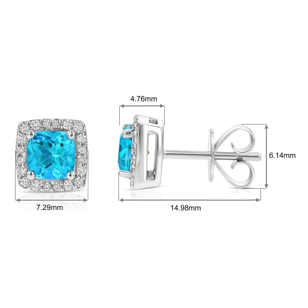 Cushion Cut Swiss Blue Topaz and 0.13ctw Diamond Stud Earrings, 14ct White Gold