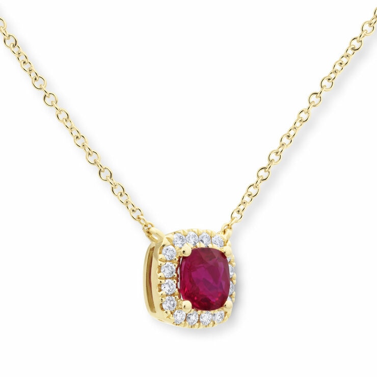 Cushion Cut Ruby & 0.13ctw Diamond Halo Necklace, 18ct Yellow Gold