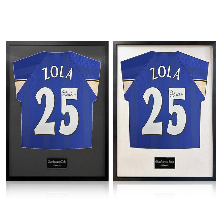 Gianfranco Zola Signed Framed Chelsea Football Shirt in 2 Options: White or Black Mount Gianfranco Zola Signed Framed Chelsea Football Shirt in 2 Options: White or Black Mount