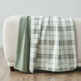 Sage green plaid throw staged on white sofa in a lifestyle image Sage green plaid throw staged on white sofa in a lifestyle image