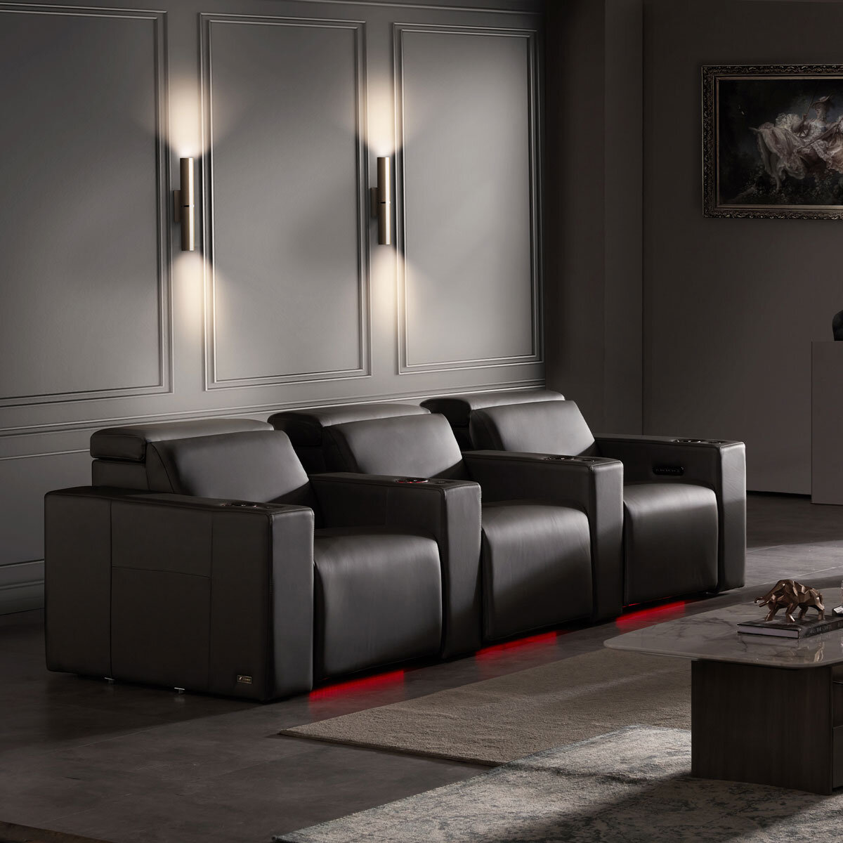 Valencia Barcelona Row of 3 Black Leather Power Reclining Home Theatre Seating with RGB LED