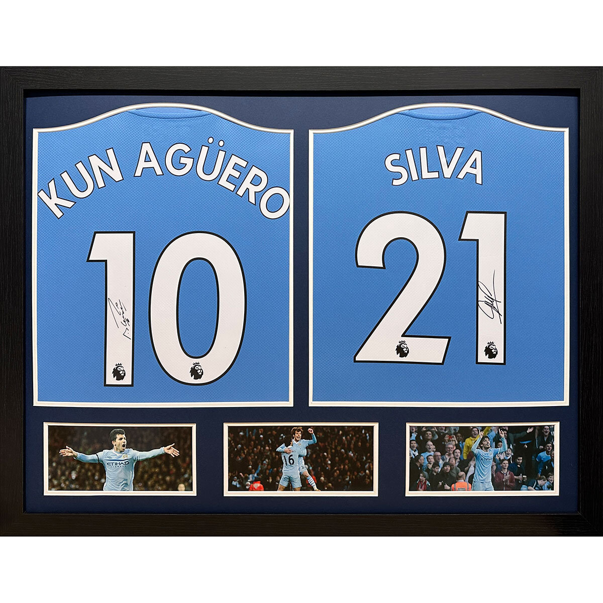 Aguero & Silva double signed Manchester City shirt display
