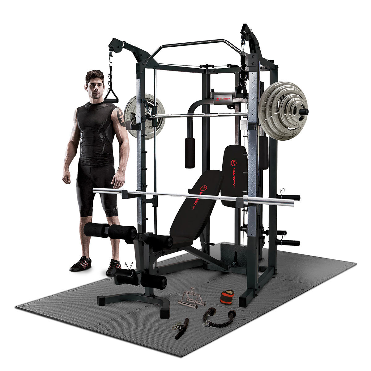 Marcy RS7000 Deluxe Smith Machine and Bench with 140kg Olympic Weight Set and Floor Matting in