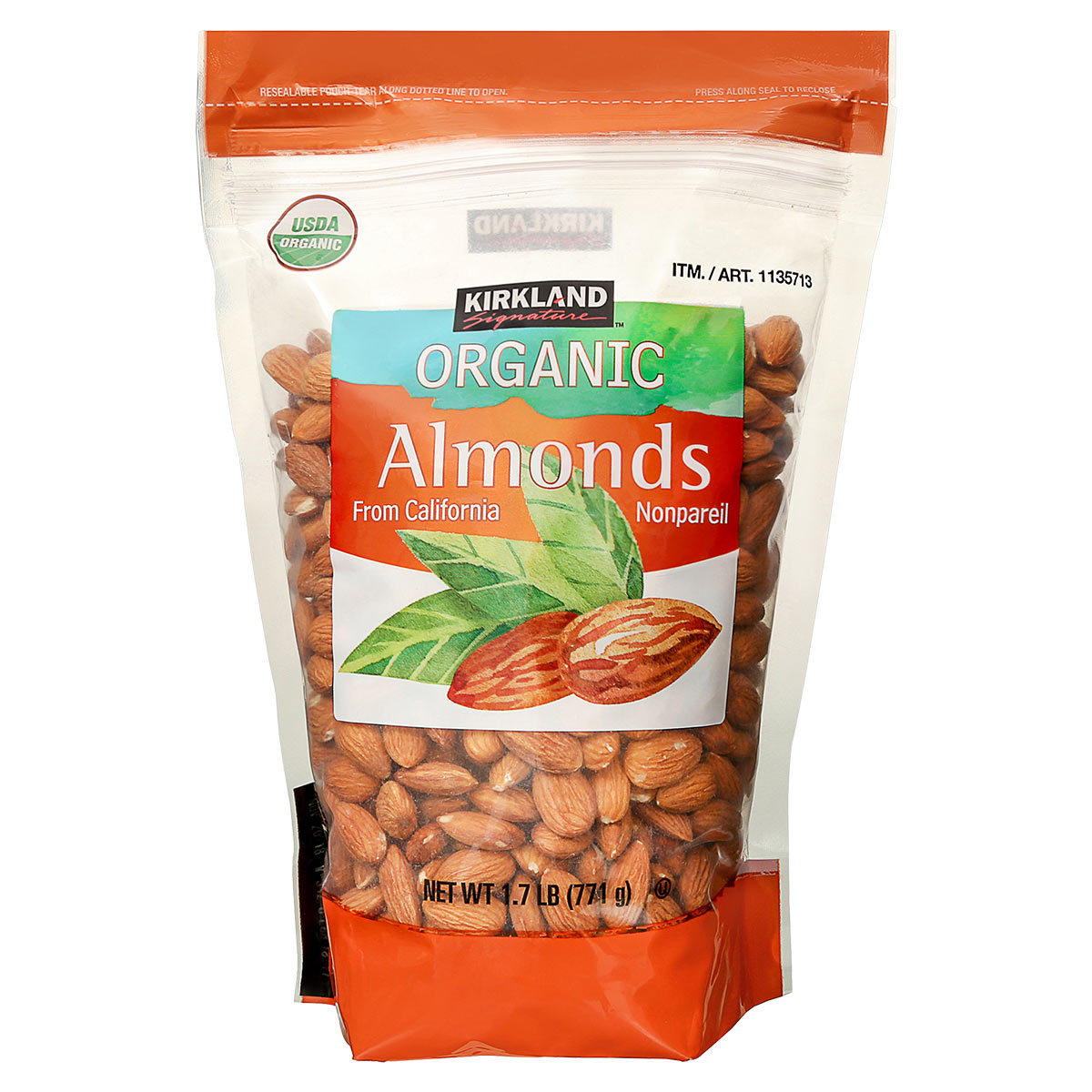 Front of pack with clear plastic displaying Almonds