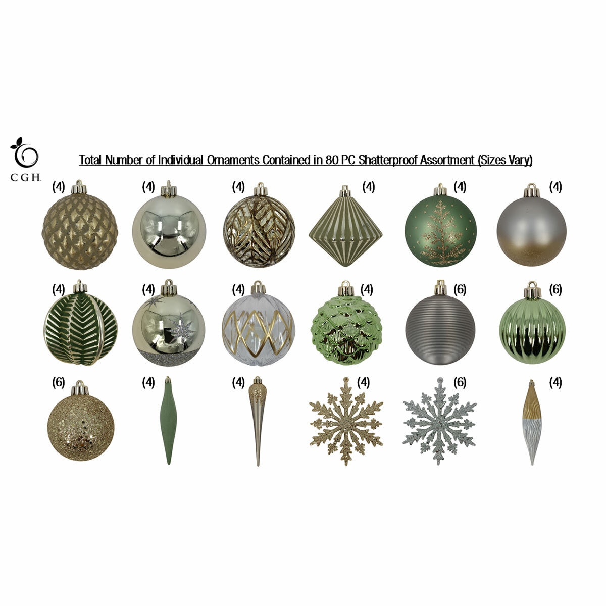 Shatter Resistant Christmas Ornaments Gold/Green - 80 pack