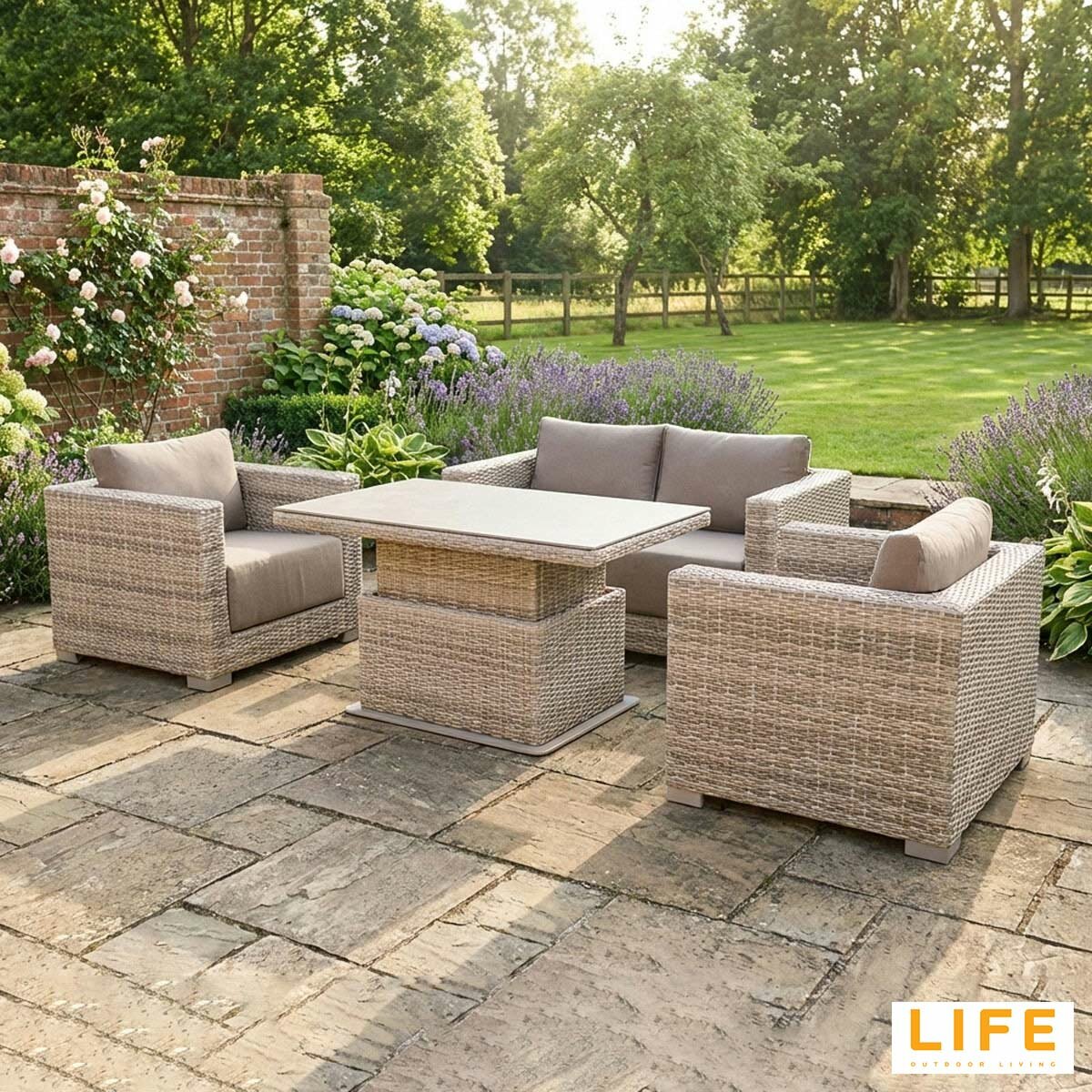 LIFE Outdoor Living Cunningham 4 Piece Deep Seating Set with Gas Height Adjustable Table LIFE Outdoor Living Cunningham 4 Piece Deep Seating Set with Gas Height Adjustable Table