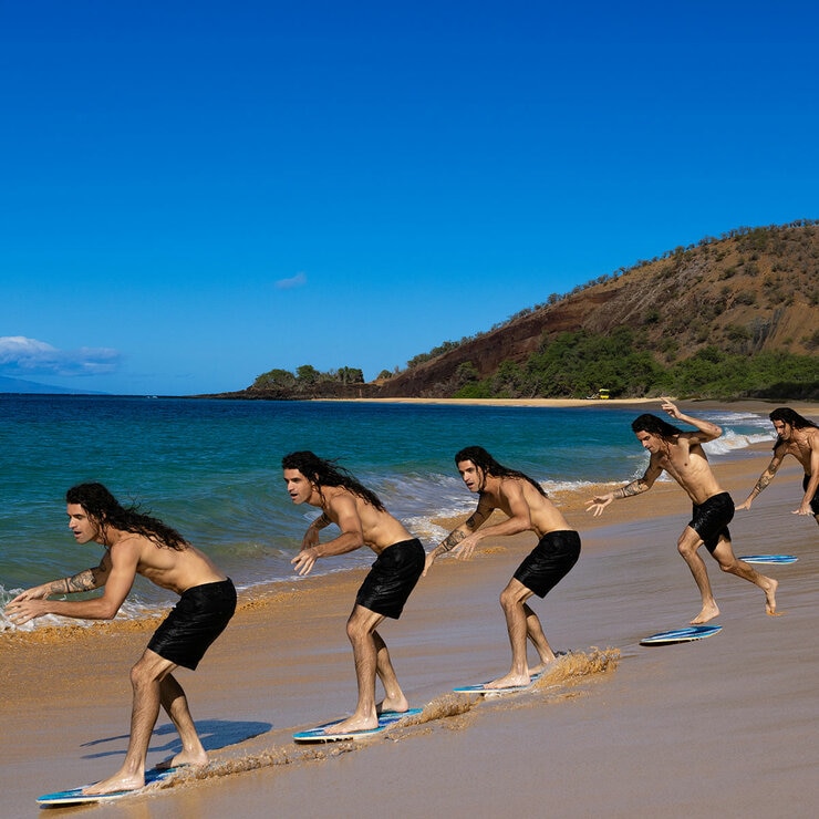 Lifestyle image of the stages of riding a skimboard