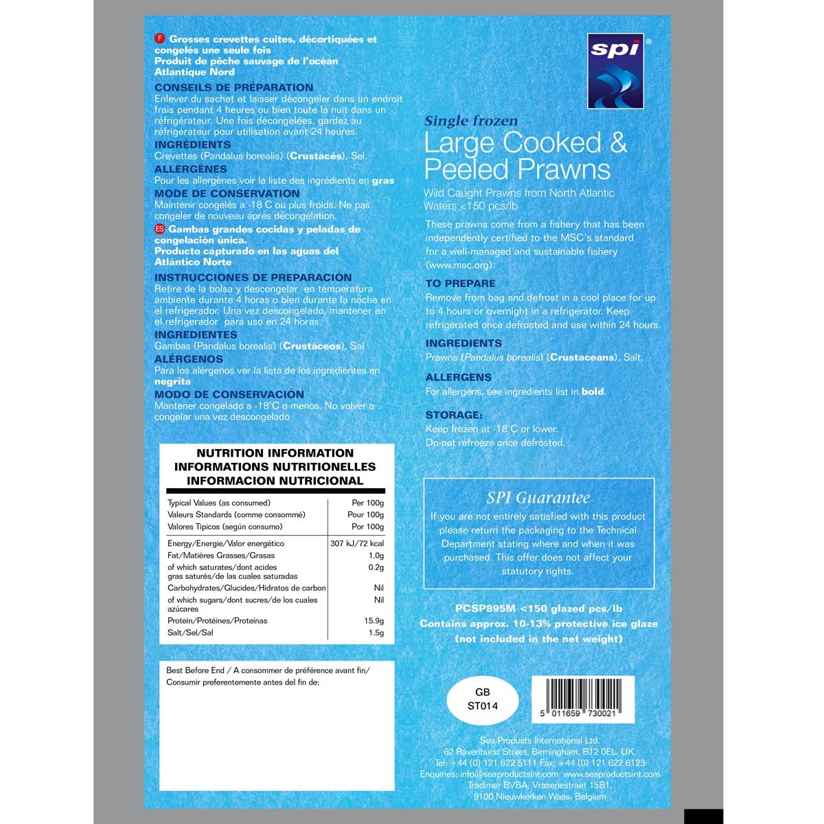 Back of pack of Coldwater prawns