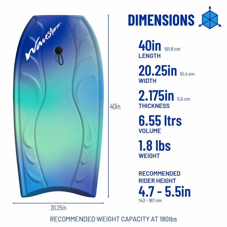 Graphic showing the dimensions of the bodyboard