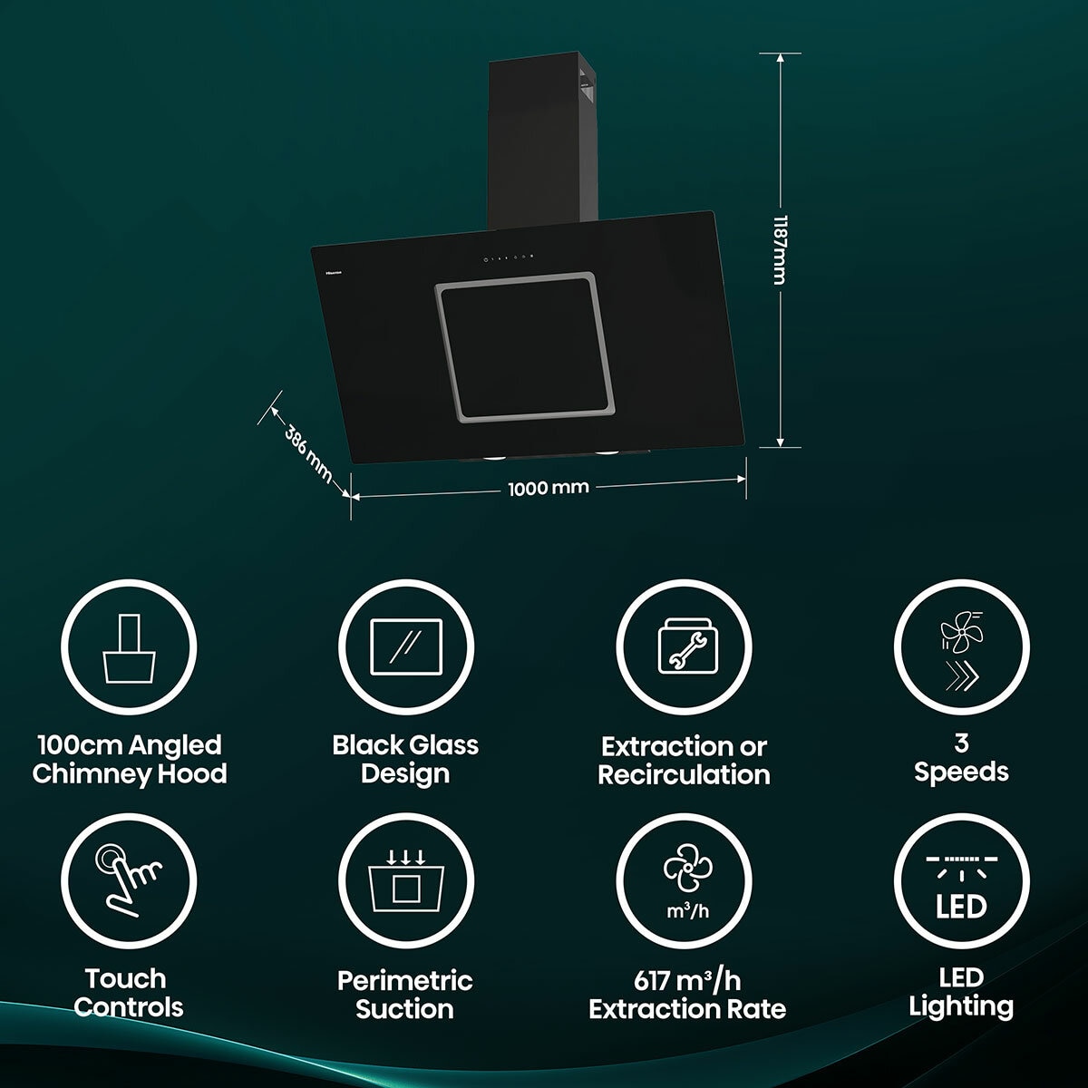 Hisense Hi6 CH10IN14BBUK 100cm Chimney Cooker Hood, A Rated in Black Glass