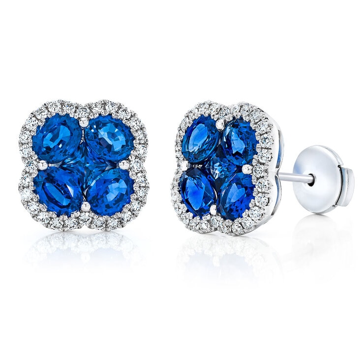 Oval & Princess Cut Blue Sapphire & 0.27ctw Diamond Clover Stud Earrings, 14ct White Gold Oval & Princess Cut Blue Sapphire & 0.27ctw Diamond Clover Stud Earrings, 14ct White Gold