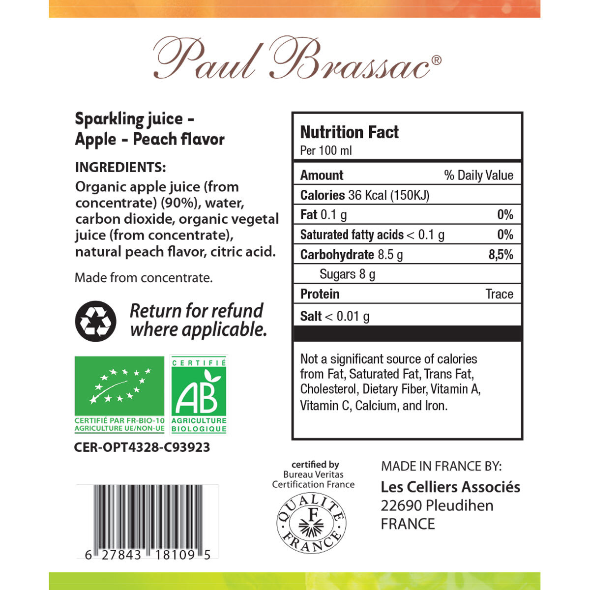 Paul Brassac Organic Sparkling Fruit Juice, 3 x 750ml