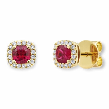 Cushion Cut Ruby & 0.11ctw Diamond Halo Earrings, 18ct Yellow Gold
