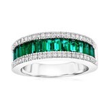 Baguette Cut Lab Emerald & 0.22ctw Diamond Ring, 18ct White Gold