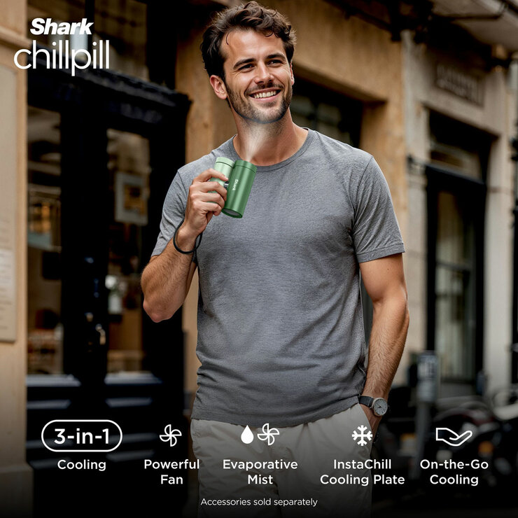 Lifestyle image of Shark ChillPill 3-in-1 Fan, Mist & InstaChill System being used outside Lifestyle image of Shark ChillPill 3-in-1 Fan, Mist & InstaChill System being used outside