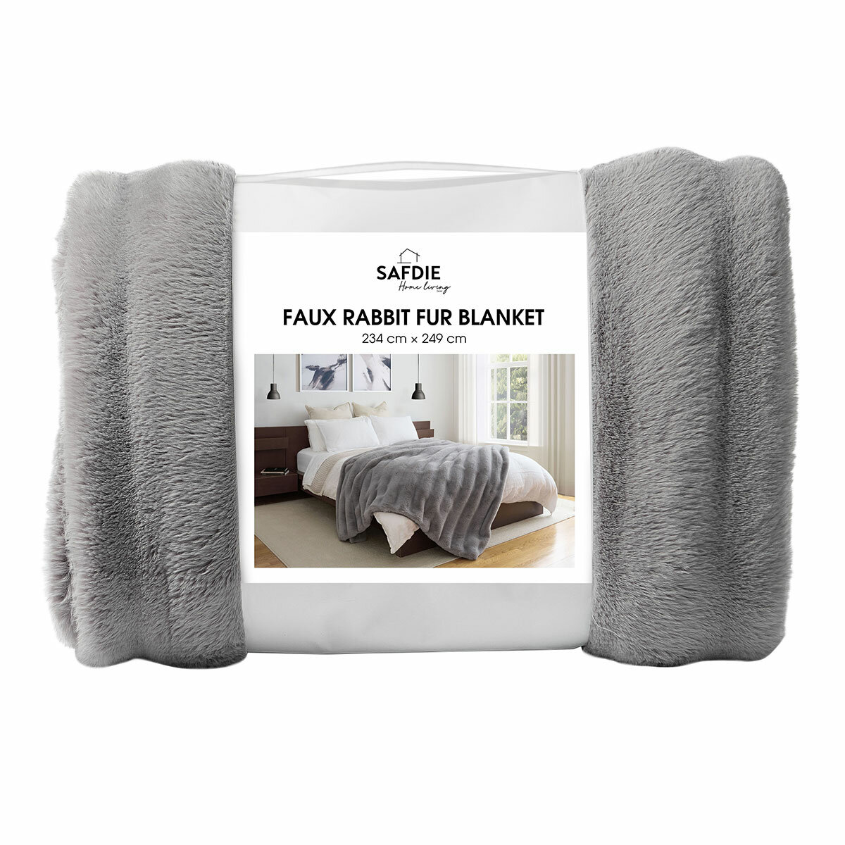 Colour Your Home Stripe Faux Rabbit Fur Blanket in Grey, 248 x 233cm