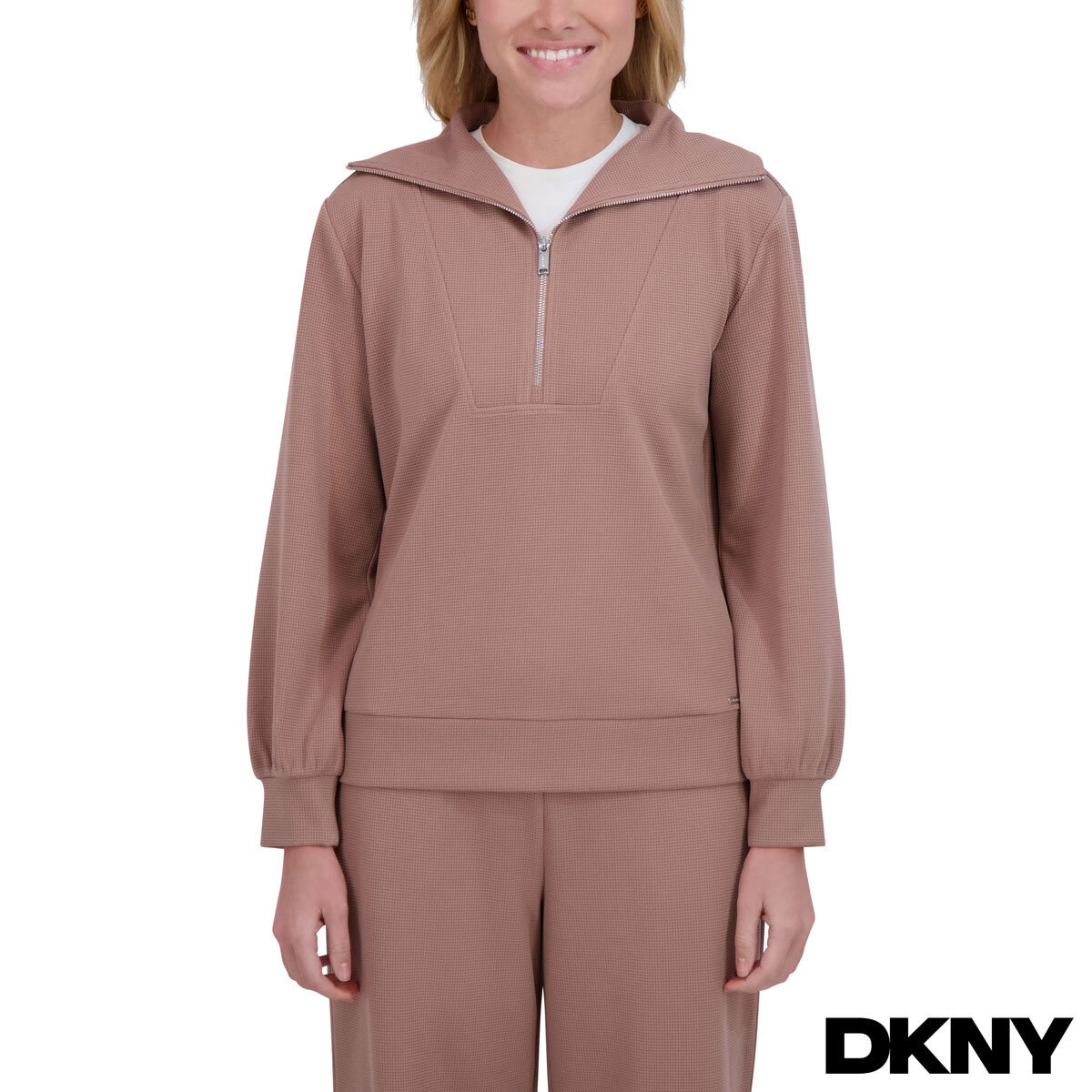 DKNY Ladies Waffle Knit 1/2 Zip in Brown, Medium