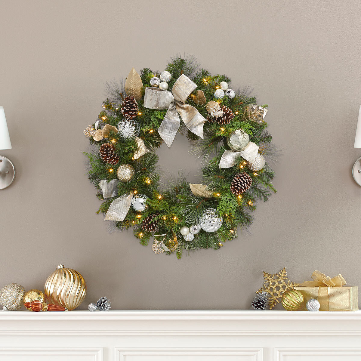 Decorative Wreaths 32 Inch (81.3cm) Decorative Christmas Wreath with 50 LED Lights in Gold |  Costco UK