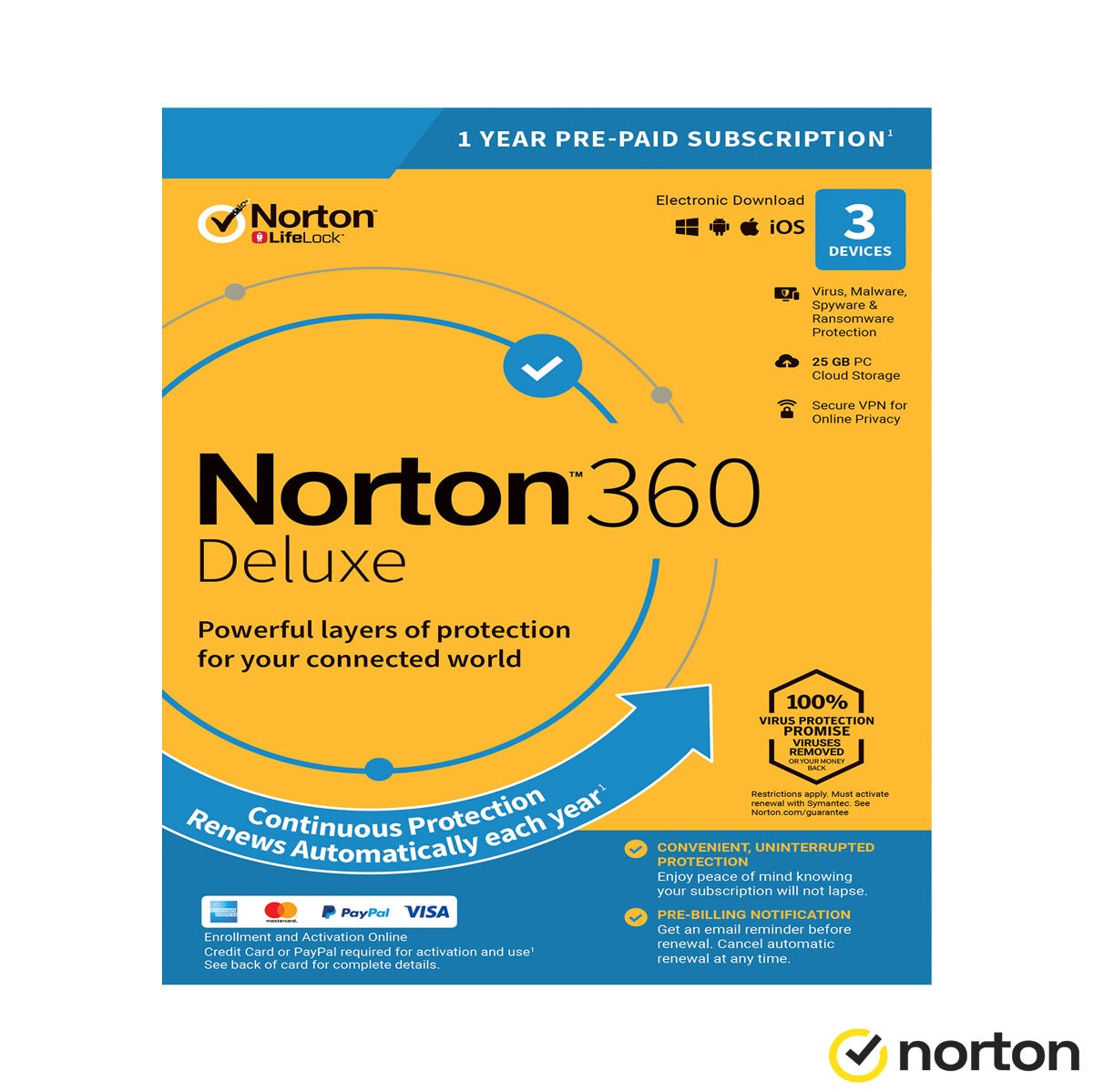 Norton 360 Deluxe, Antivirus Software for 3 Device and 1 Year Subscription with Automatic Renewal