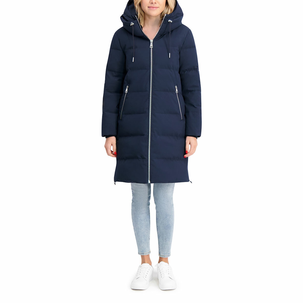 DKNY Ladies Long Down Coat with Hood in Navy