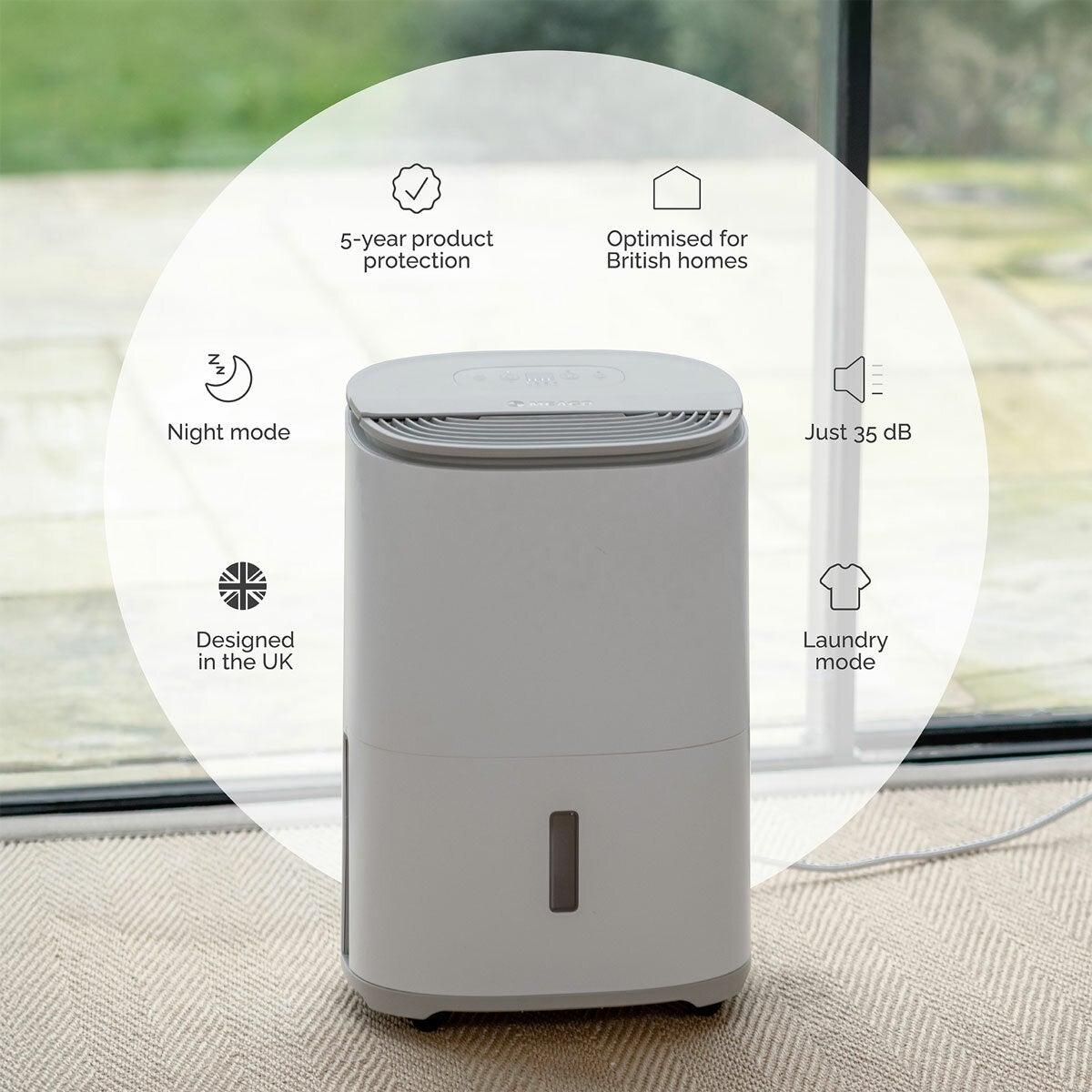 Lifestyle image of dehumidifer and features Lifestyle image of dehumidifer and features
