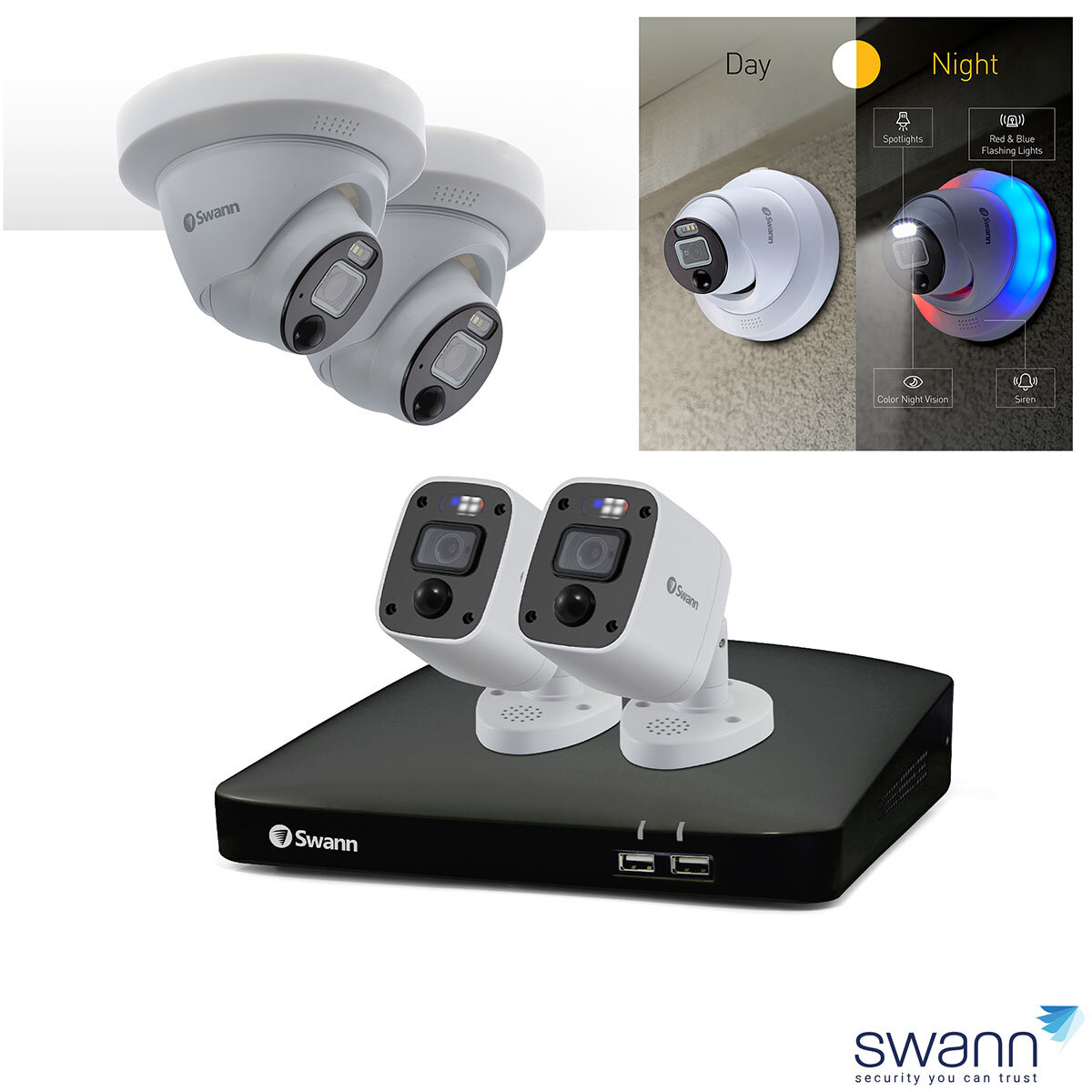 Swann 4K Dome Cameras PRO-4KDER with Controllable Red & Blue Flashing Lights, Spotlights & Sirens